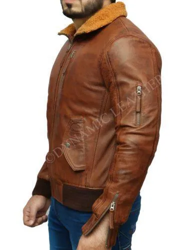 Mens Retro Brown Hooded Fur Real Leather Bomber Jacket