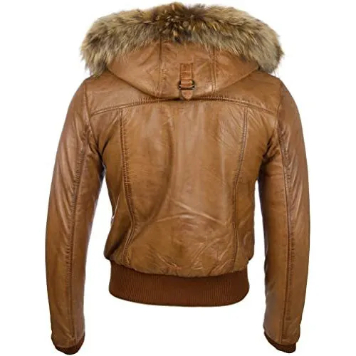 Men's Tan Brown Leather Biker Jacket with Removable Hood