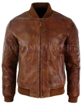 Mens Tan Brown Vintage Real Leather Bomber Pilot Jacket