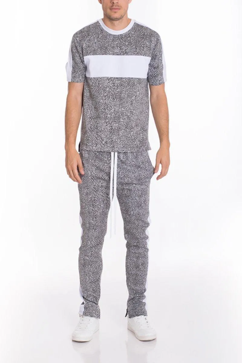 Mens White Noise Print Drawstring Slim Joggers Pants