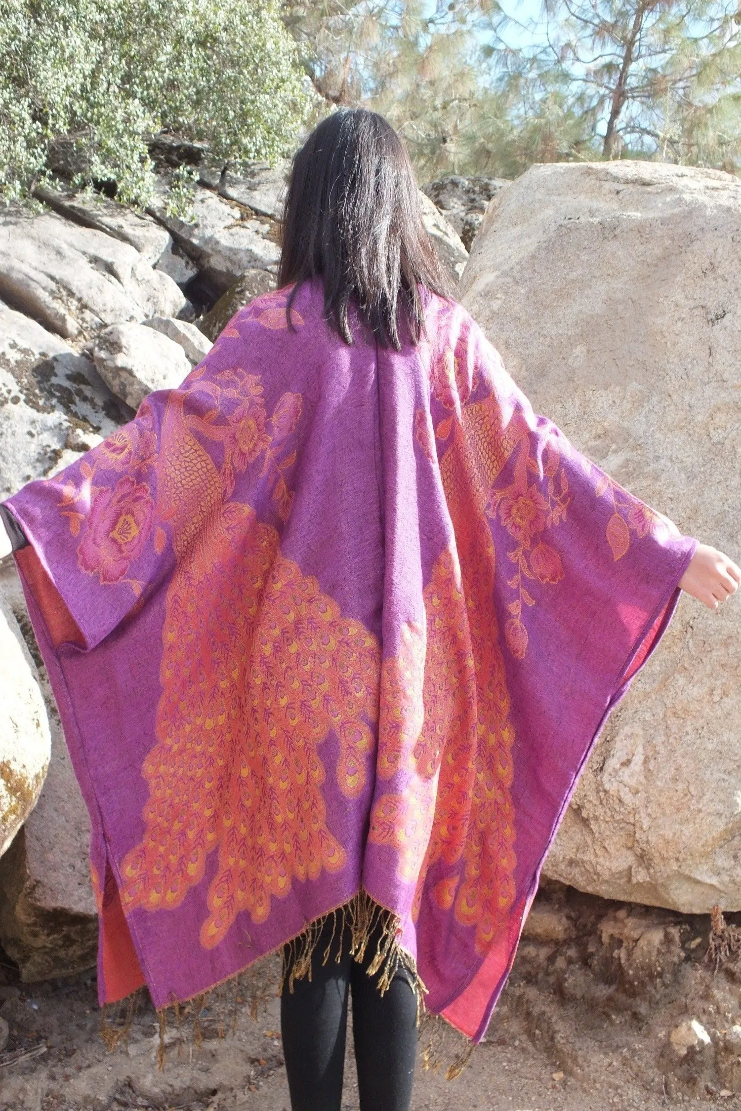 Metallic Pink Purple Peacock print Ruana Oversized Jacket Poncho One size Plus size