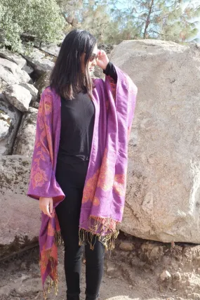 Metallic Pink Purple Peacock print Ruana Oversized Jacket Poncho One size Plus size