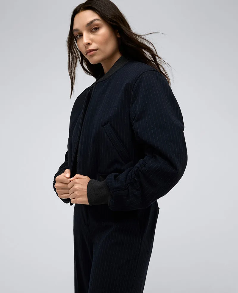 Pinstripe Cropped Bomber W/ Shirred Sleeves