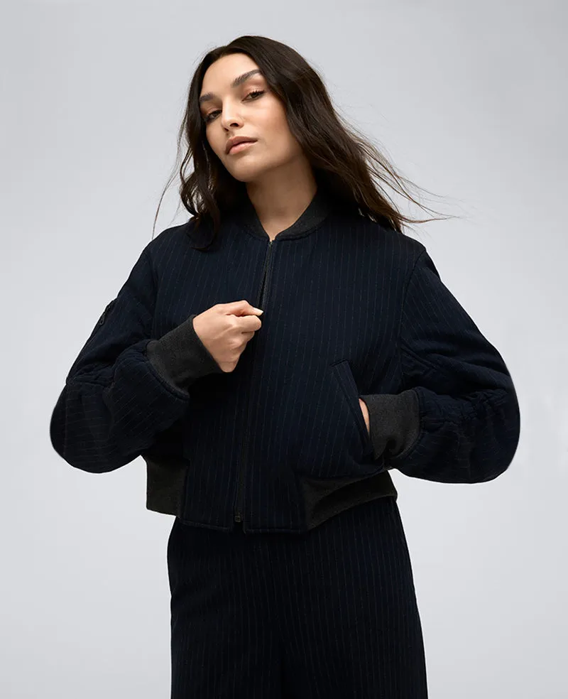 Pinstripe Cropped Bomber W/ Shirred Sleeves