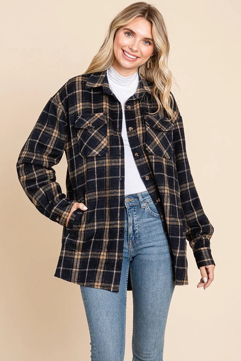 Plaid Flannel Collared Shacket Shirt Jacket