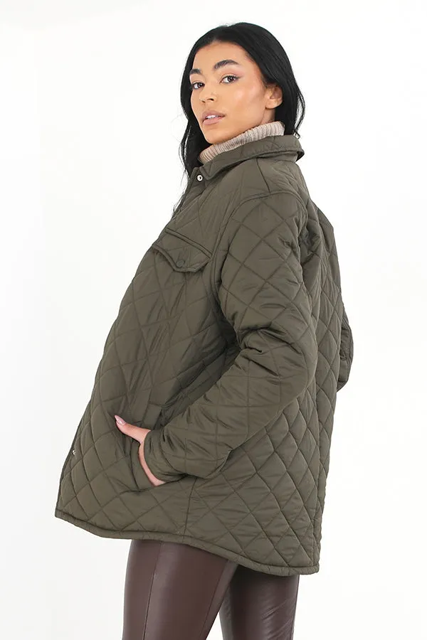 PLUS SIZE KHAKI DIAMOND QUILTED PADDED JACKET