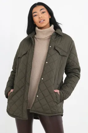 PLUS SIZE KHAKI DIAMOND QUILTED PADDED JACKET