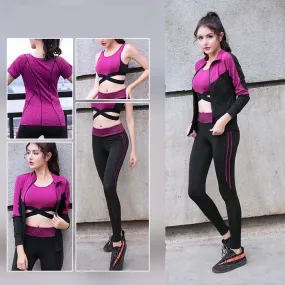 Quick Dry Yoga Set 4 PCS Workout Tight Sexy Top Sportswear Suit Gym Running Shirt Pants Sport Bra Women's Tracksuit