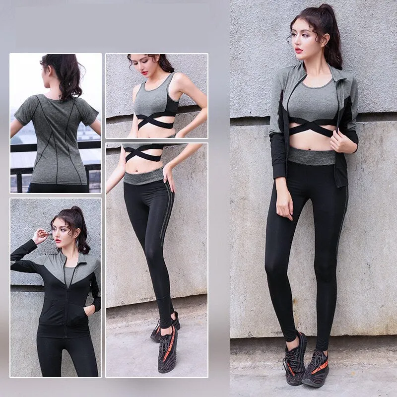 Quick Dry Yoga Set 4 PCS Workout Tight Sexy Top Sportswear Suit Gym Running Shirt Pants Sport Bra Women's Tracksuit