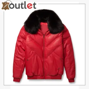 Red Real Qualilty Shearling Mens V Bomber Leather Jacket