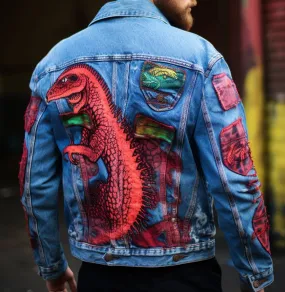 Reworked Men Denim Jacket with Dinosaur Printed Patches made using Unbranded Denim Jacket Style CR539