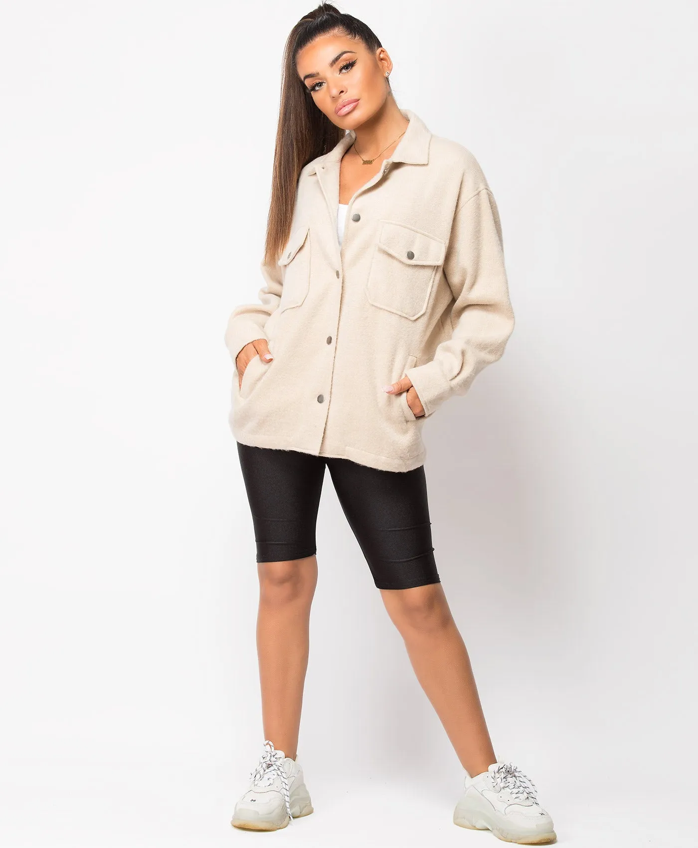 Sand Fleece Oversized Plain Shirt Shacket