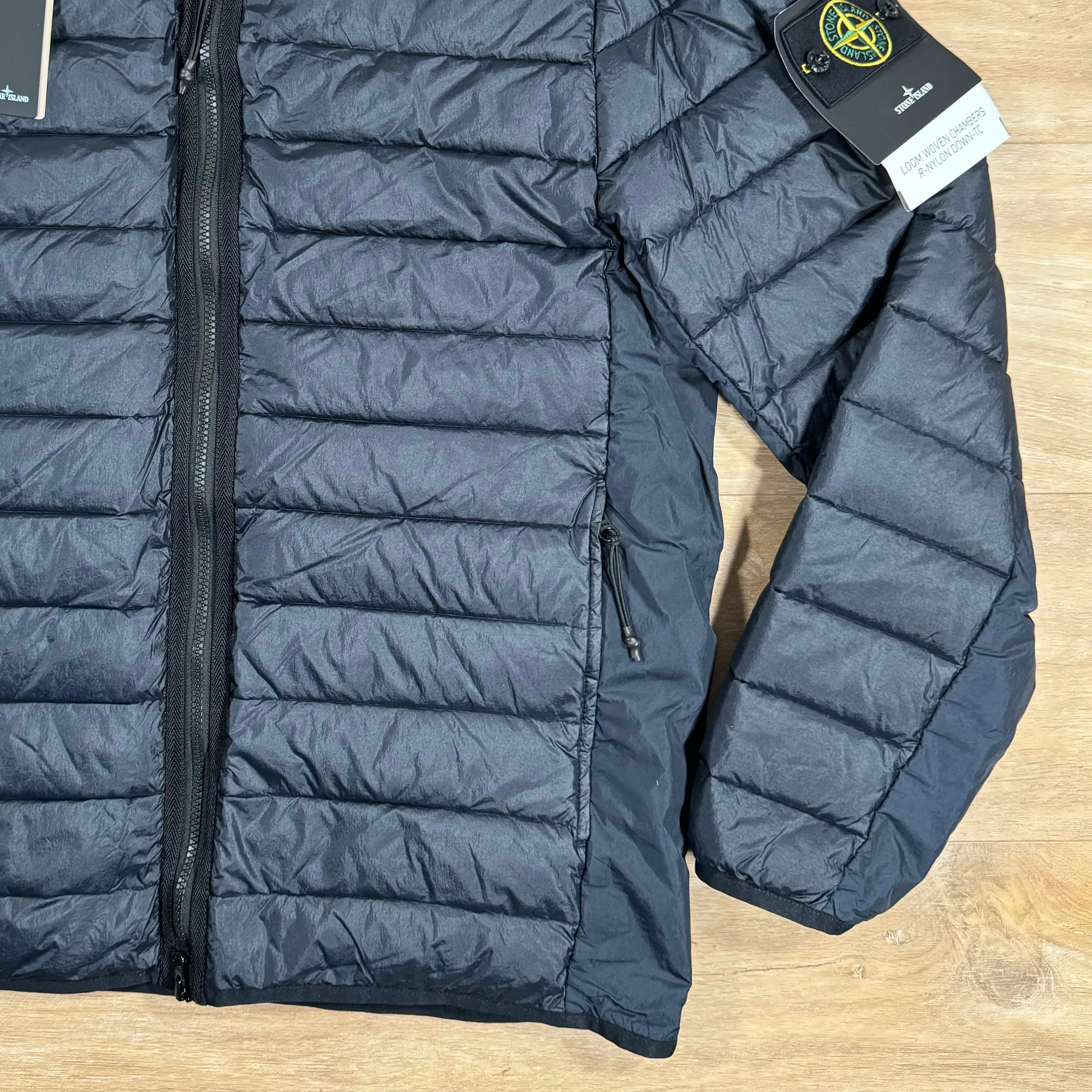 Stone Island Loom Woven Chambers Nylon Down-TC Hooded Jacket in Navy