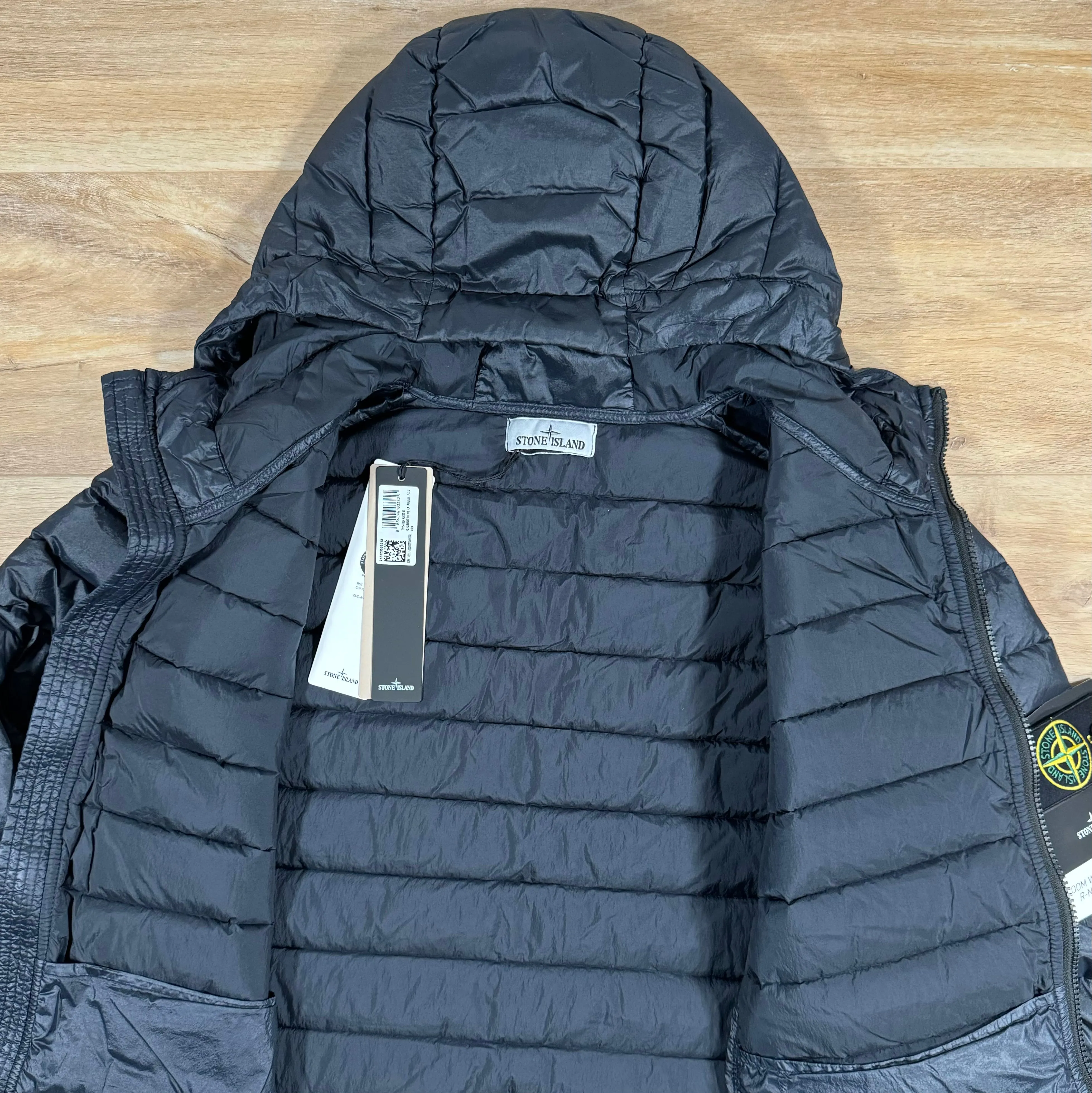 Stone Island Loom Woven Chambers Nylon Down-TC Hooded Jacket in Navy