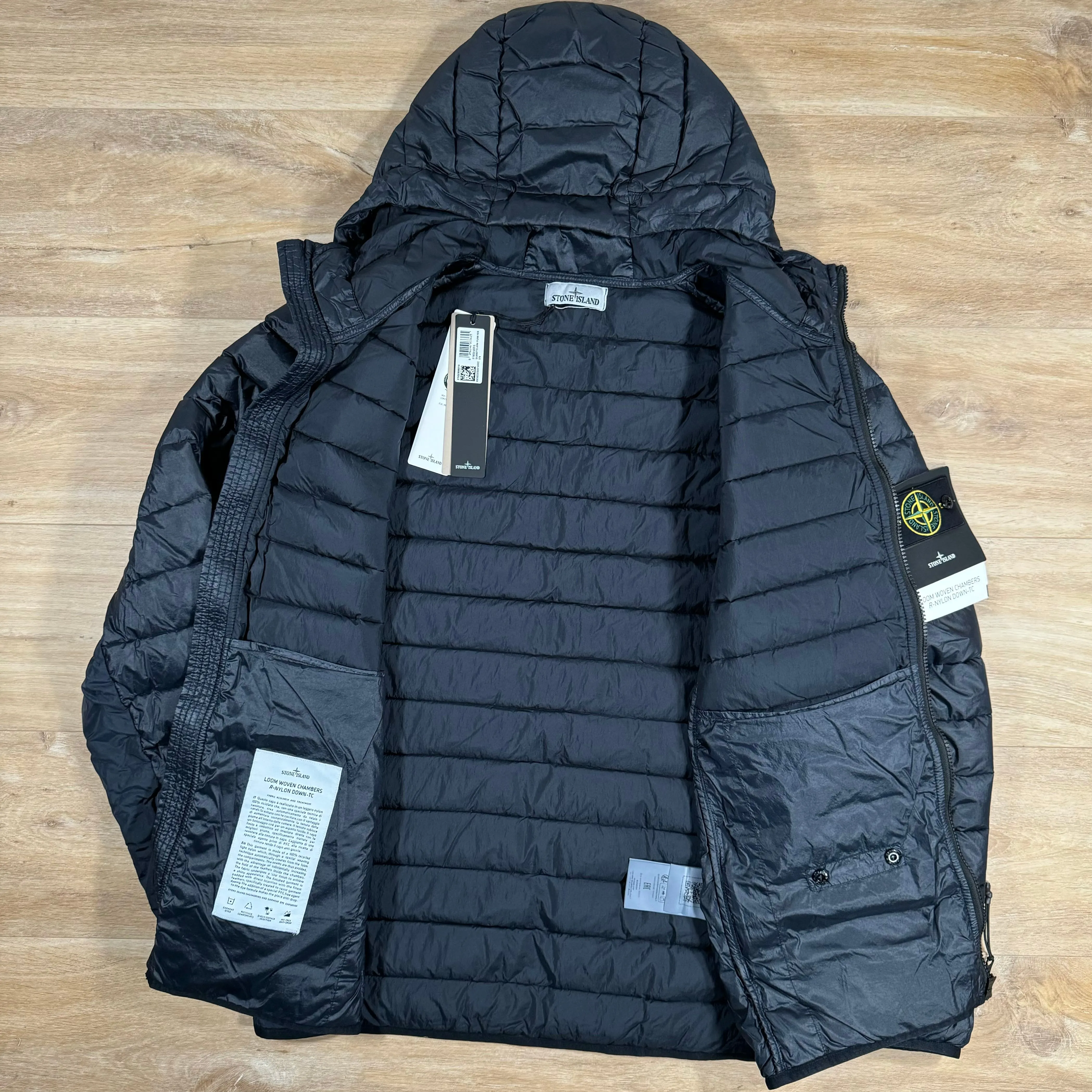 Stone Island Loom Woven Chambers Nylon Down-TC Hooded Jacket in Navy