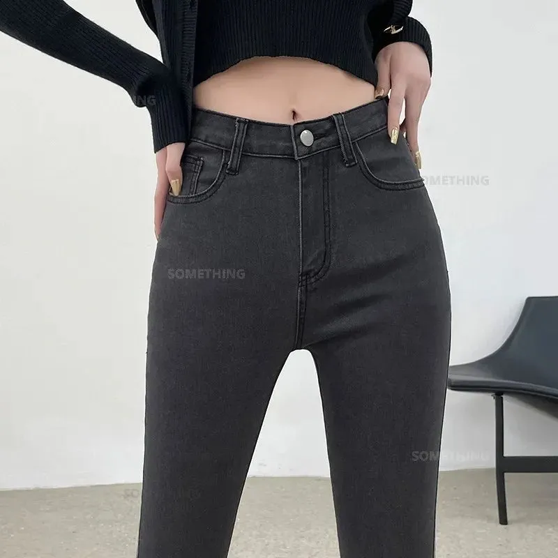 Stretch Denim Skinny Jeans for Women Hip Lift Casual Slim Fit Trousers in Black Gray Blue