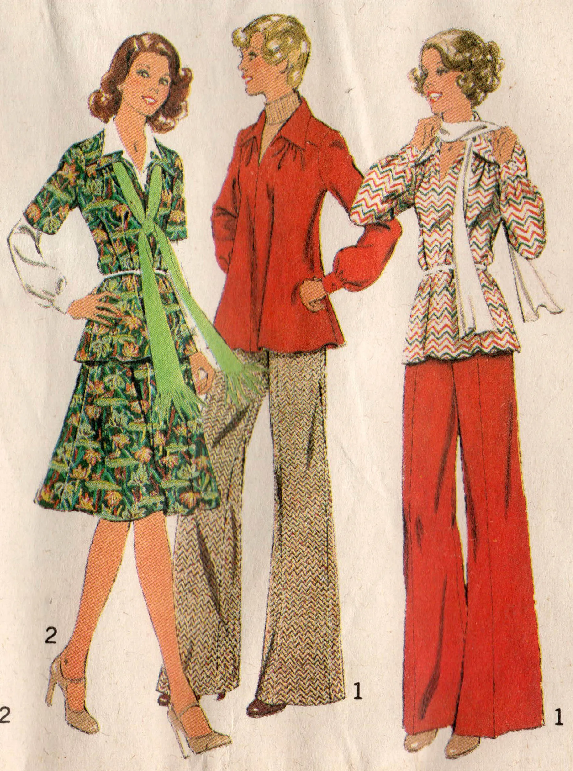 Style 1282 Womens Wide Collar Top Flared Skirt & Wide Leg Pants 1970s Vintage Sewing Pattern Size 12 Bust 34 inches