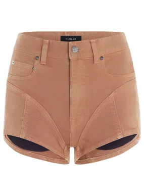 tan bi-color denim shorts