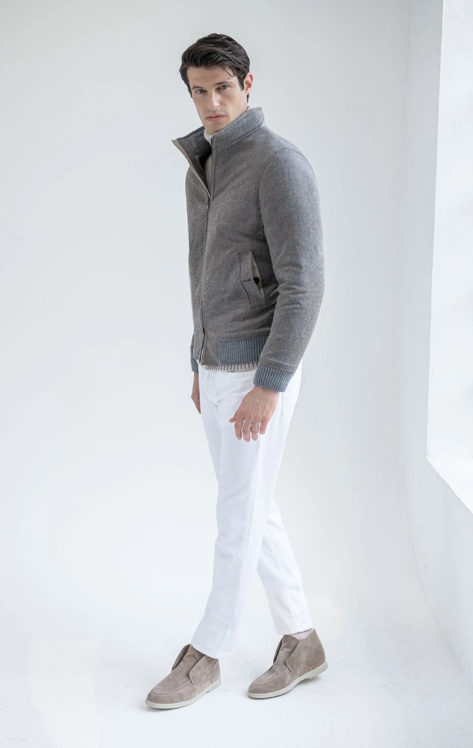 Taupe down bomber in Loro Piana wool & cashmere – Made in Italy