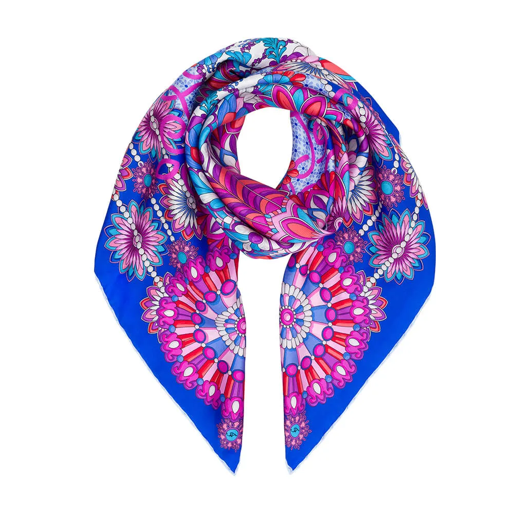 The Flower of Taormina Fuchsia and Blue Silk Twill Scarf and Ring