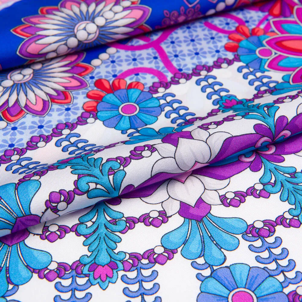 The Flower of Taormina Fuchsia and Blue Silk Twill Scarf and Ring