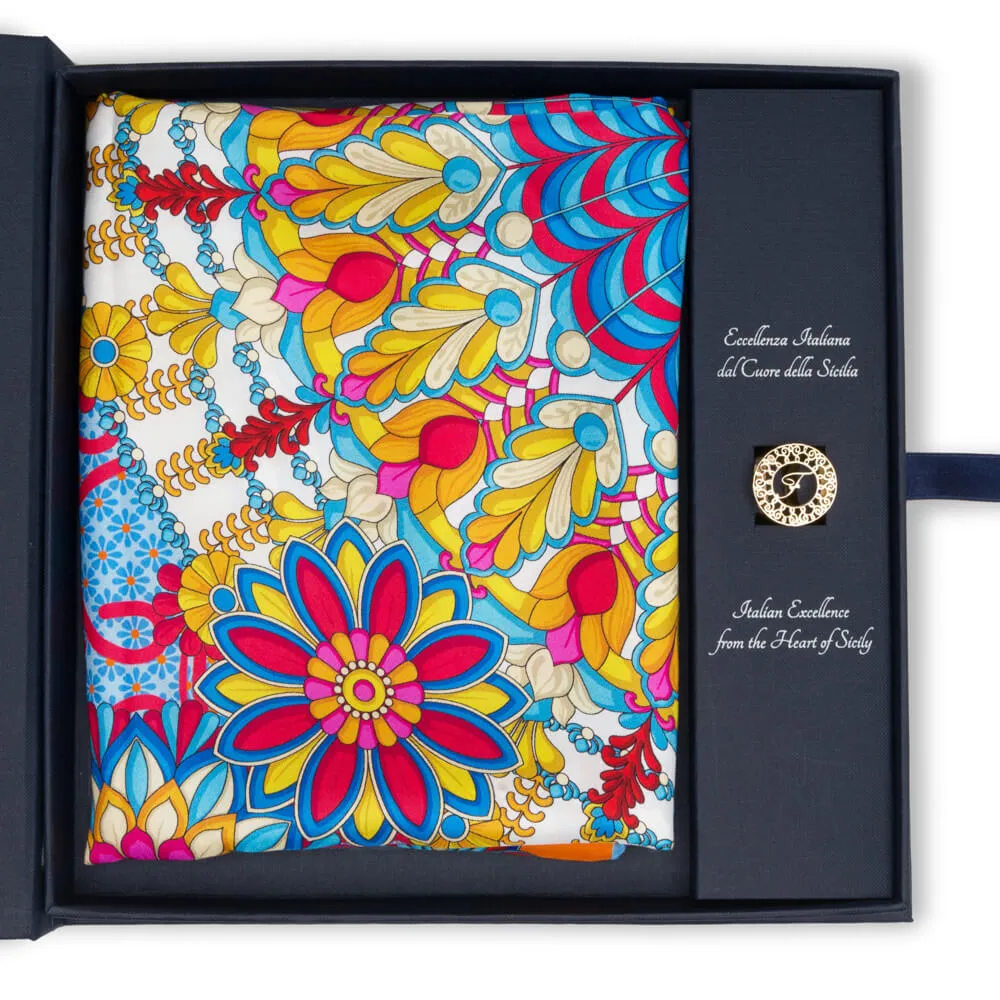 The Flower of Taormina Fuchsia and Blue Silk Twill Scarf and Ring