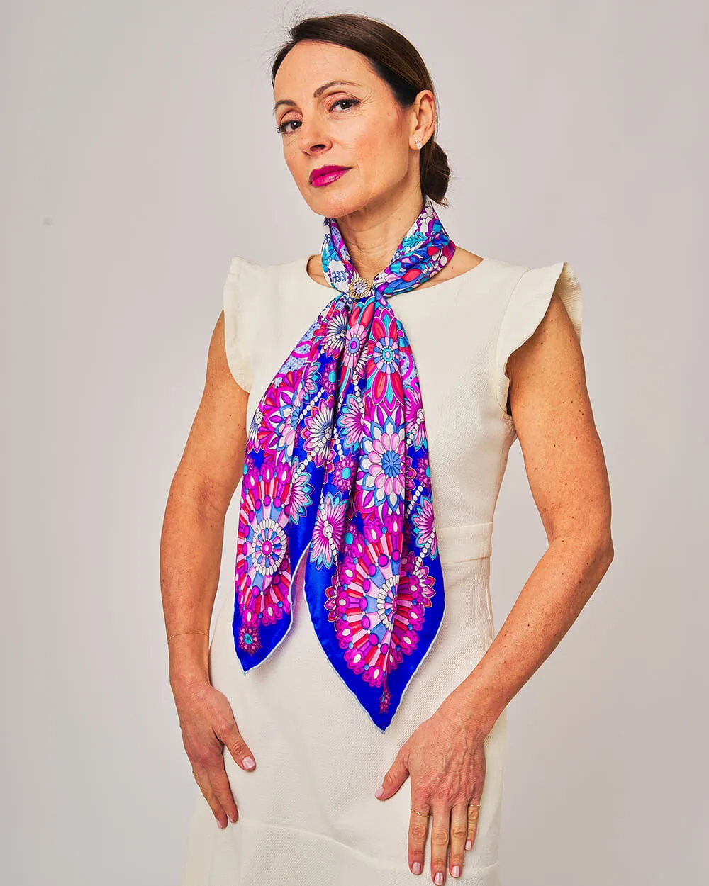 The Flower of Taormina Fuchsia and Blue Silk Twill Scarf and Ring