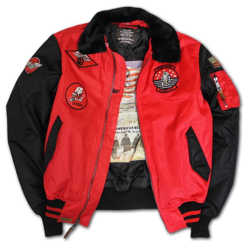 Top Gun MA 1 Color Block Bomber Jacket with Fur and Patches