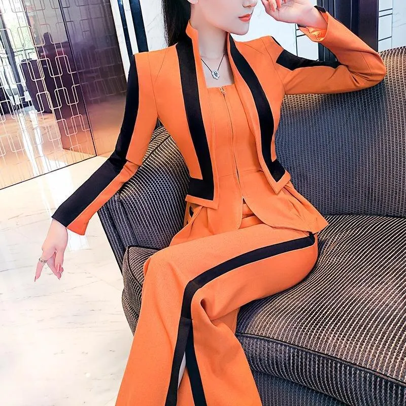 VJE spring stand-up collar fake two-piece jacket coat wide leg flared pants suit - Olia