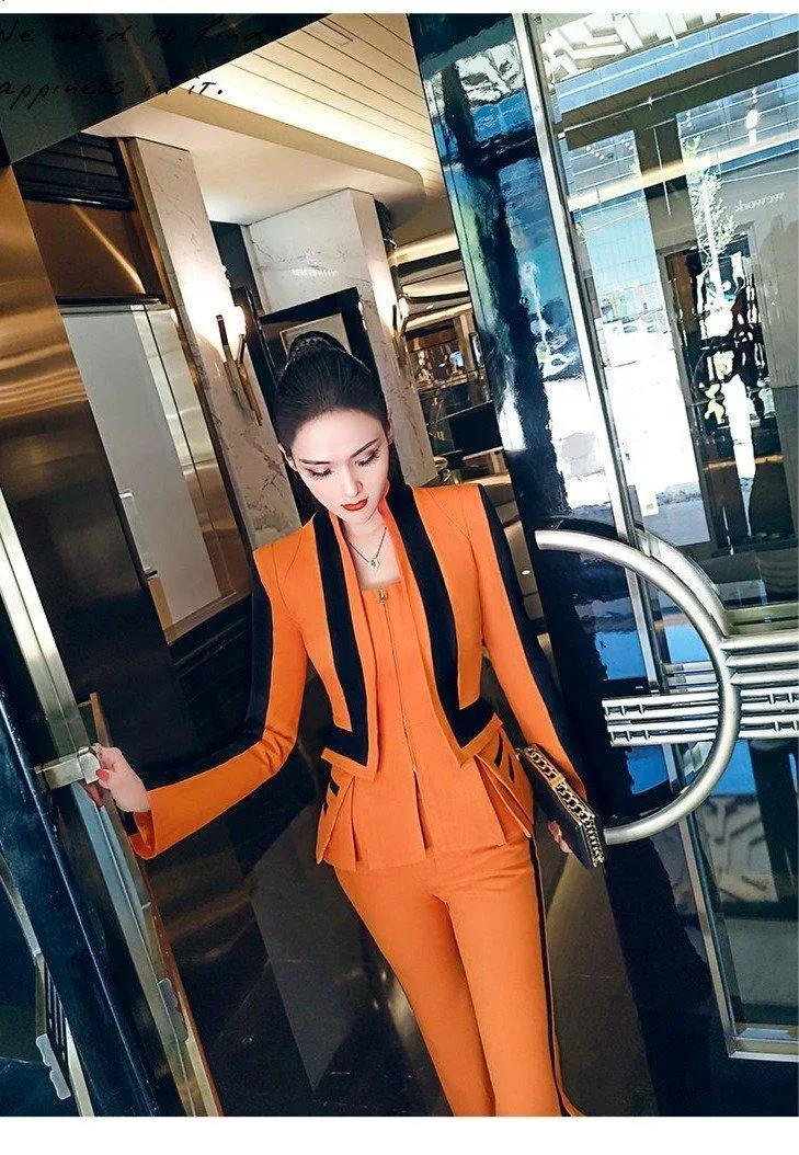 VJE spring stand-up collar fake two-piece jacket coat wide leg flared pants suit - Olia