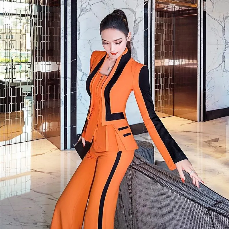 VJE spring stand-up collar fake two-piece jacket coat wide leg flared pants suit - Olia