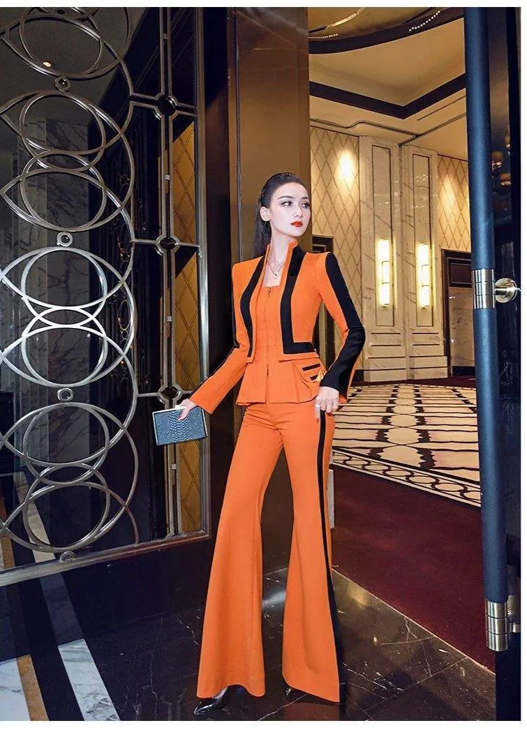 VJE spring stand-up collar fake two-piece jacket coat wide leg flared pants suit - Olia