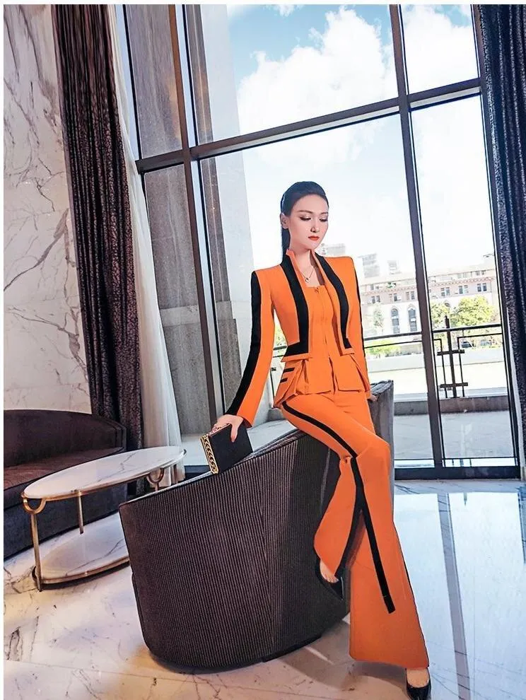 VJE spring stand-up collar fake two-piece jacket coat wide leg flared pants suit - Olia