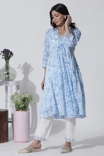 W for Woman White & Blue Printed Flared Cotton Kurta with Pants Set_24ONWS10528-123075_S