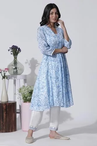 W for Woman White & Blue Printed Flared Cotton Kurta with Pants Set_24ONWS10528-123075_S