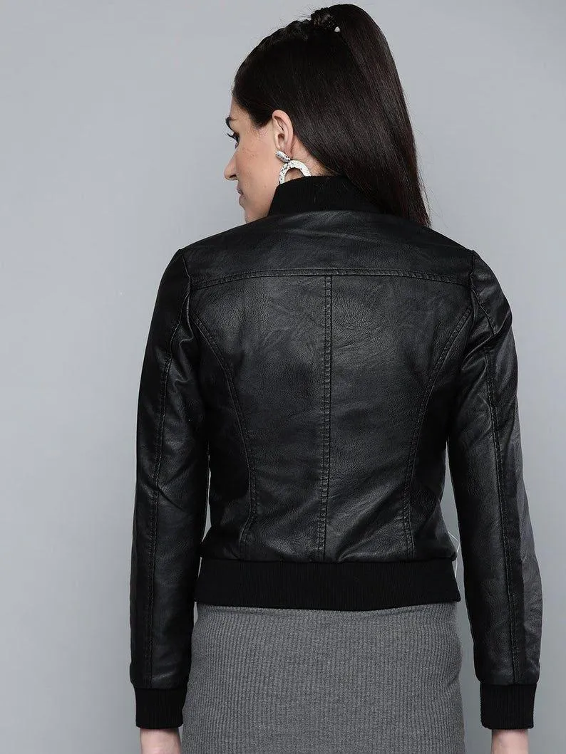 Women Classic Bomber Leather Jacket | QAWACH