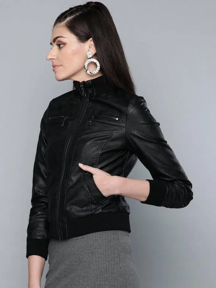 Women Classic Bomber Leather Jacket | QAWACH