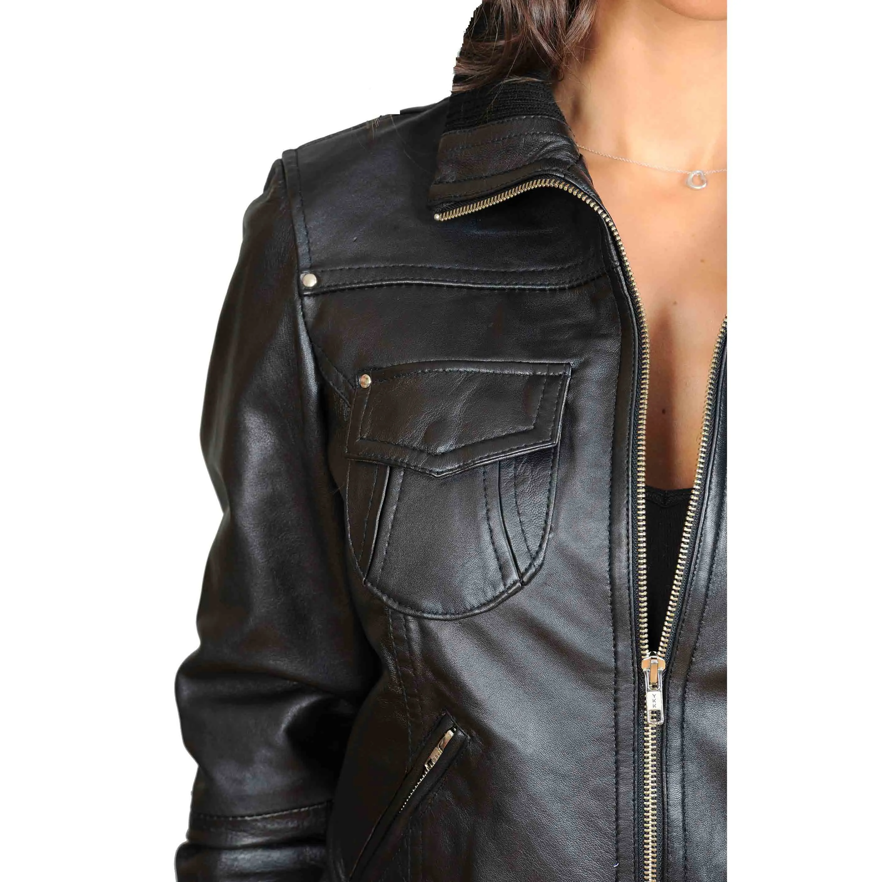 Womens Fitted Bomber Leather Jacket Cameron Black