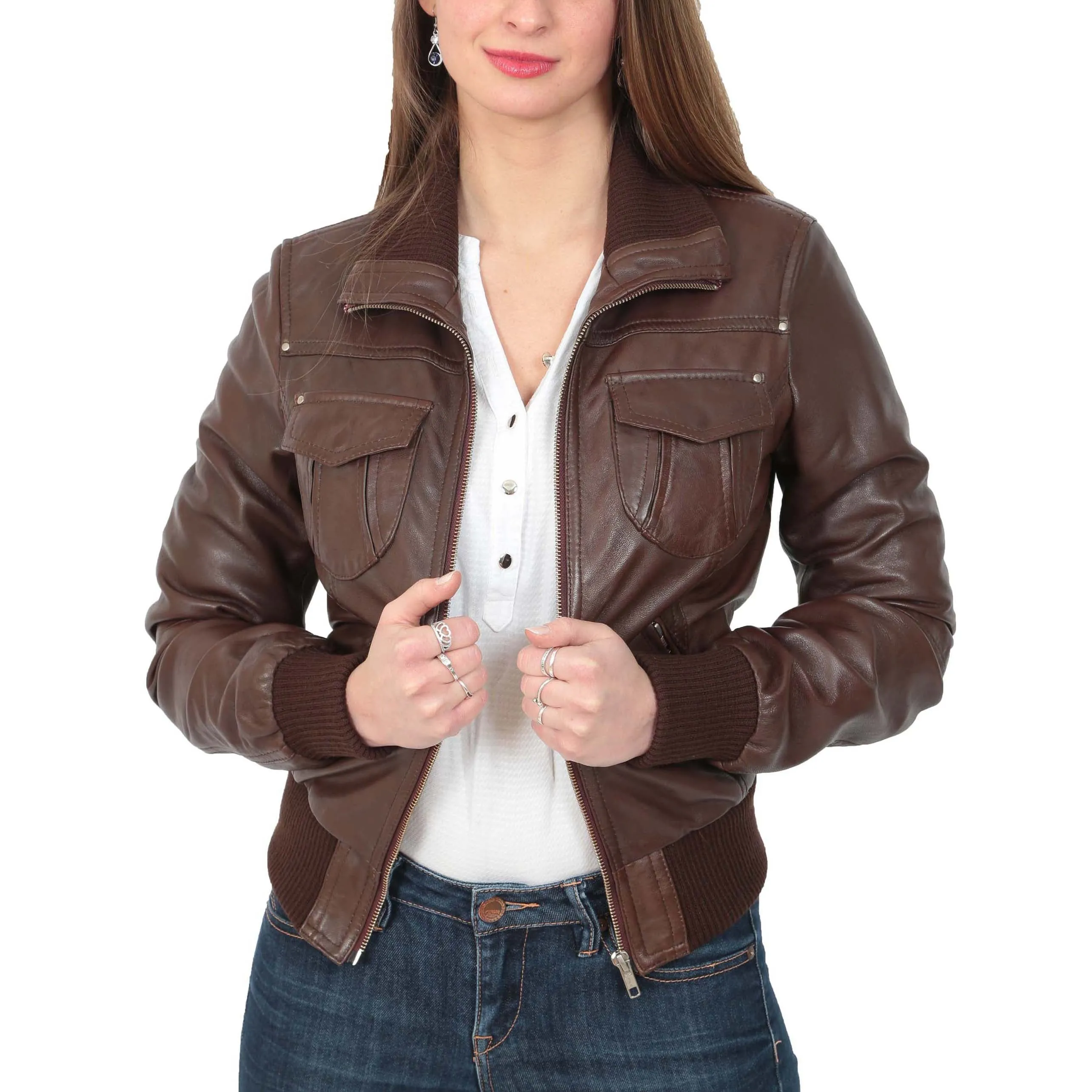 Womens Fitted Bomber Leather Jacket Cameron Brown