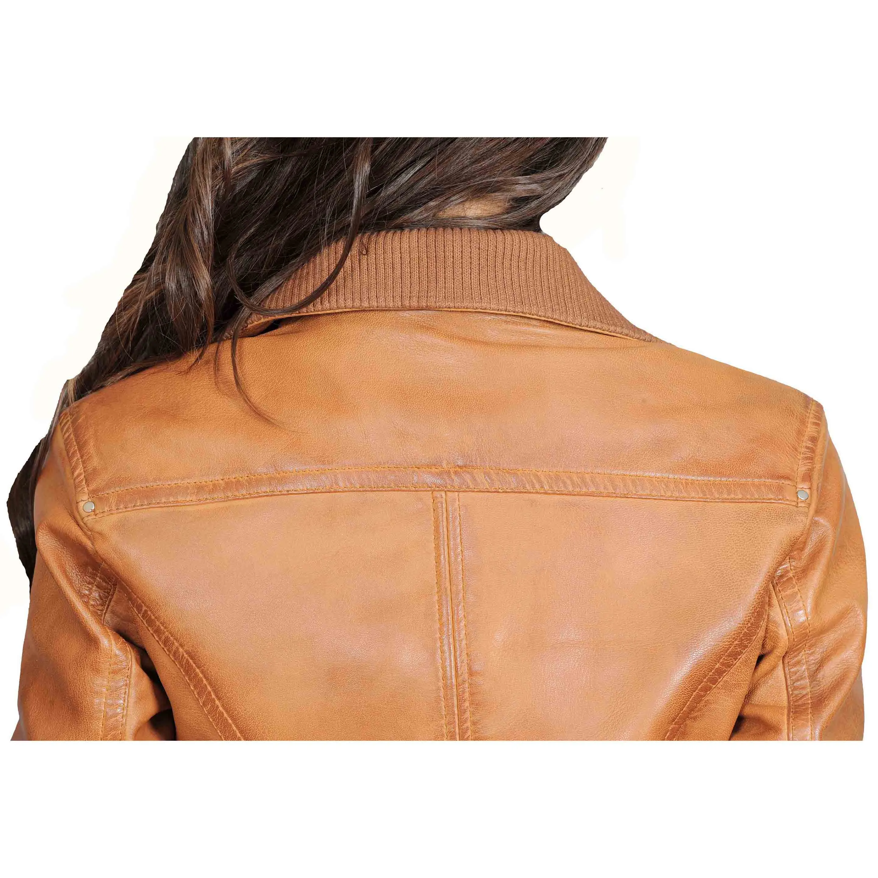 Womens Fitted Bomber Leather Jacket Cameron Tan