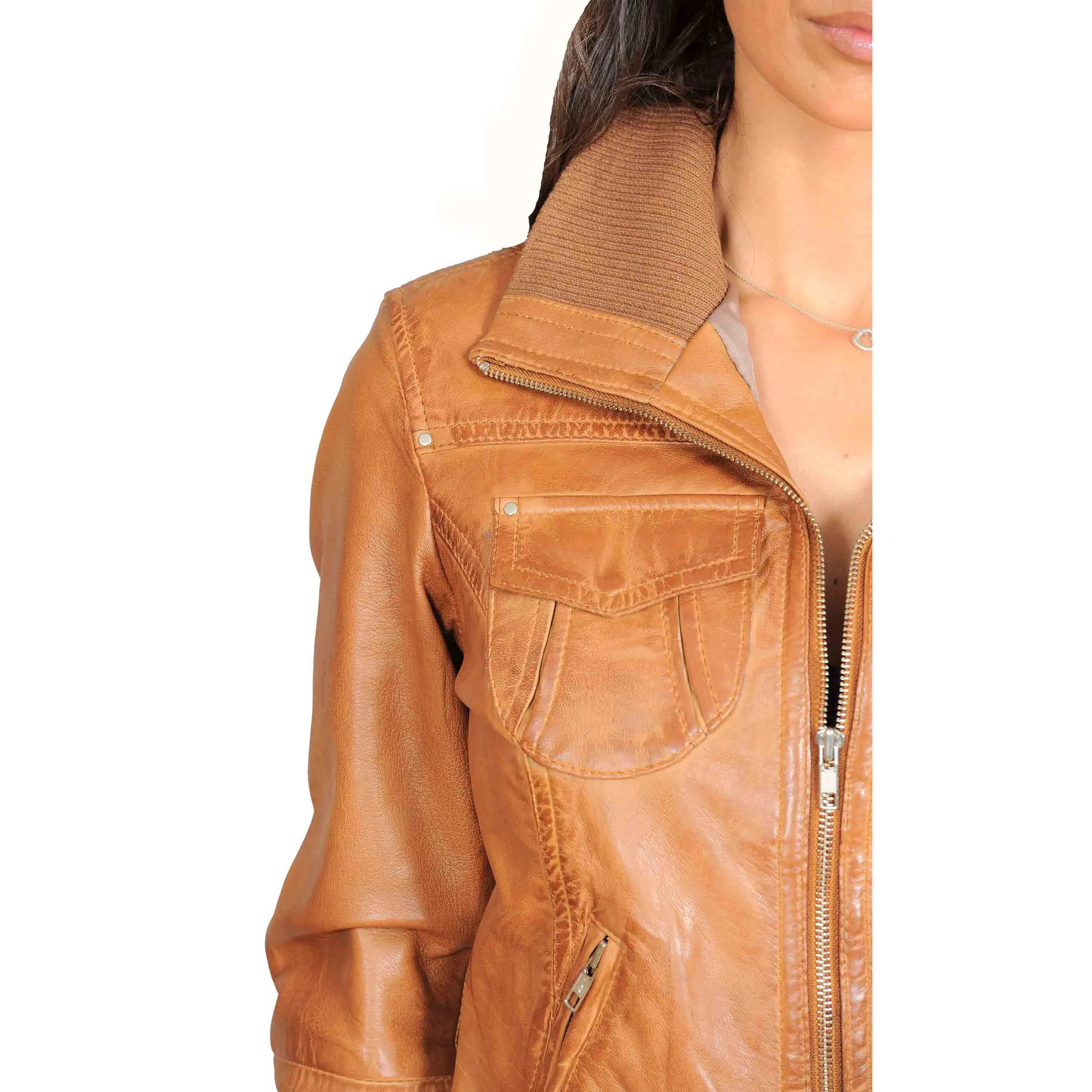 Womens Fitted Bomber Leather Jacket Cameron Tan