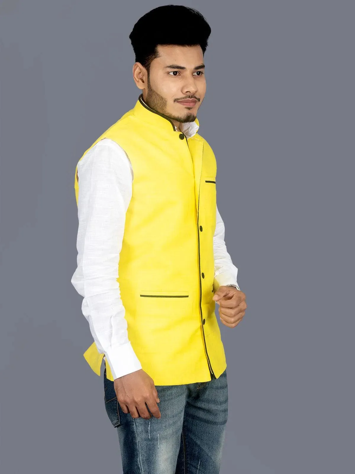 Yellow Solid Matka Silk Modi Jacket