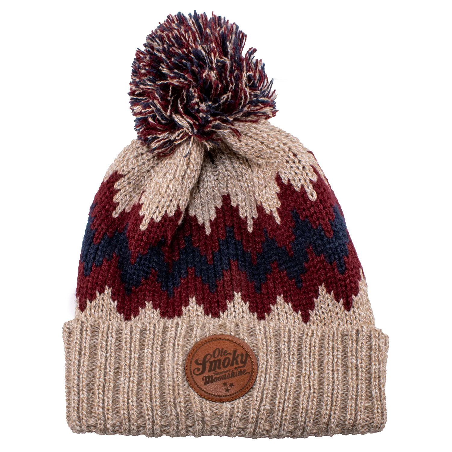 ZIGZAG BEANIE W/ POM - MAROON/TAN